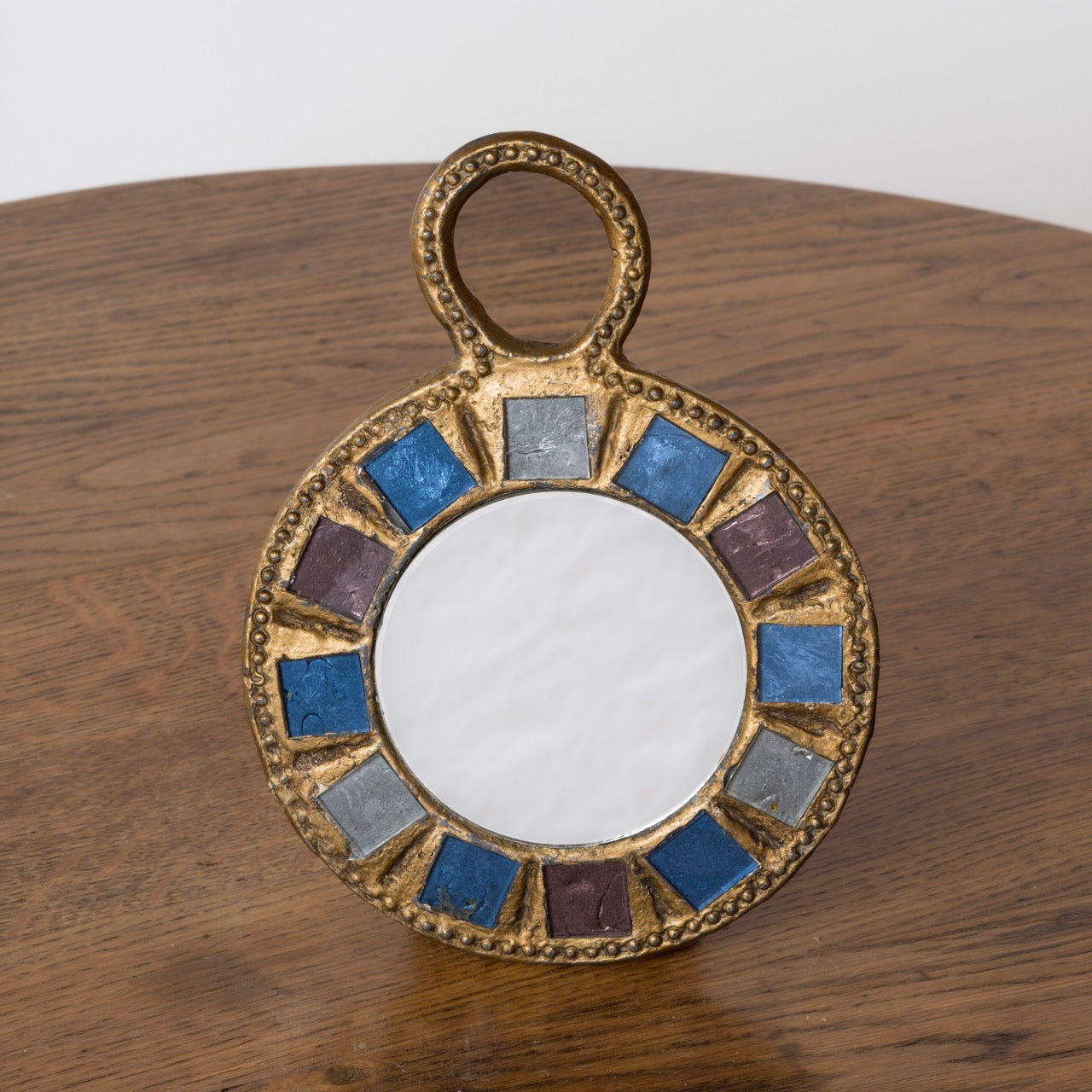 Blue & Green Talosel Gilt Metal Mirror by Irena Jaworska - France 1970's