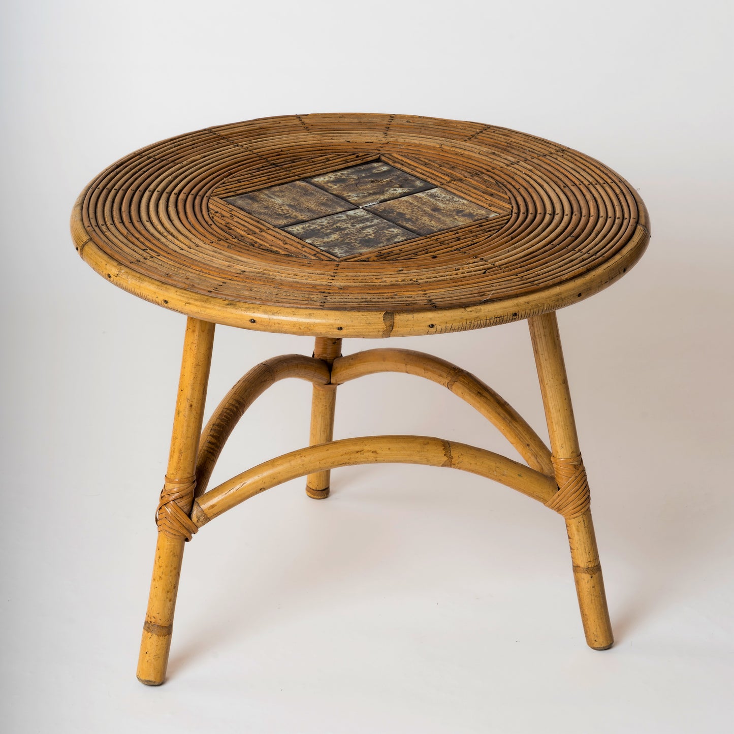 Mid Century Rattan and Ceramic Tiles Tripod Side Table - France 1950's