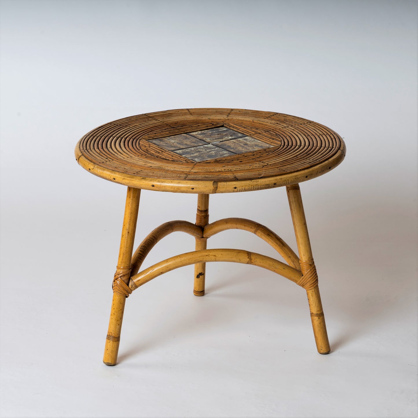 Mid Century Rattan and Ceramic Tiles Tripod Side Table - France 1950's