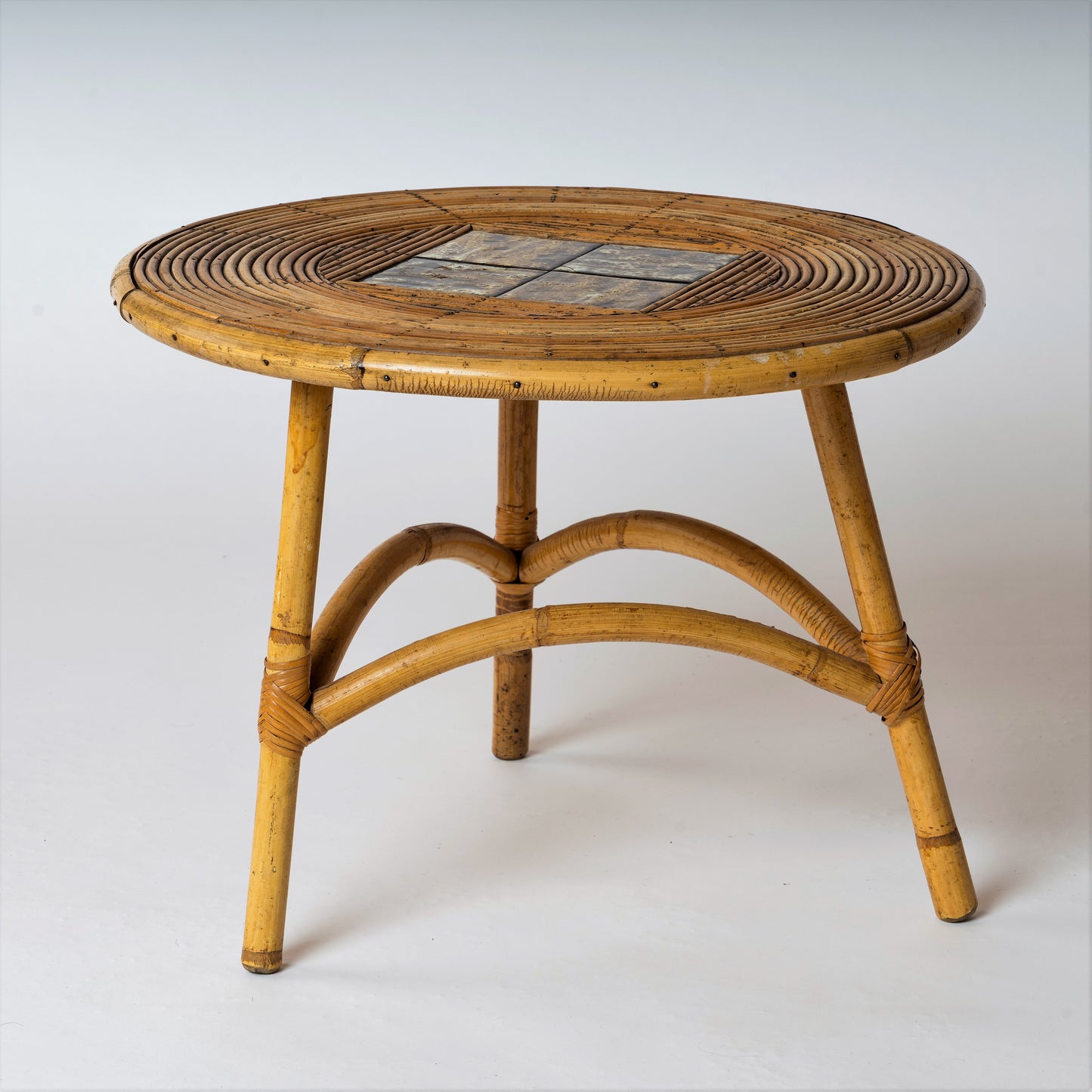 Mid Century Rattan and Ceramic Tiles Tripod Side Table - France 1950's