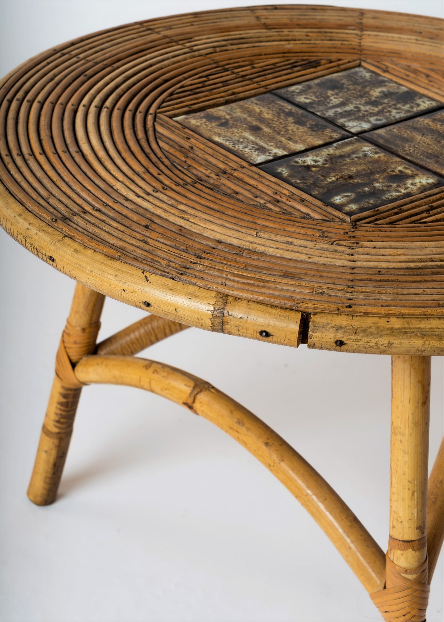 Mid Century Rattan and Ceramic Tiles Tripod Side Table - France 1950's