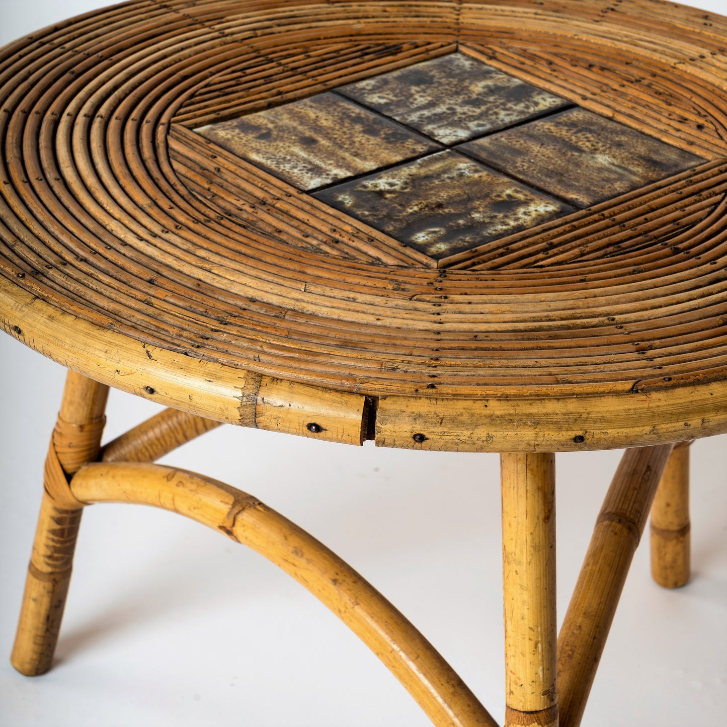 Mid Century Rattan and Ceramic Tiles Tripod Side Table - France 1950's