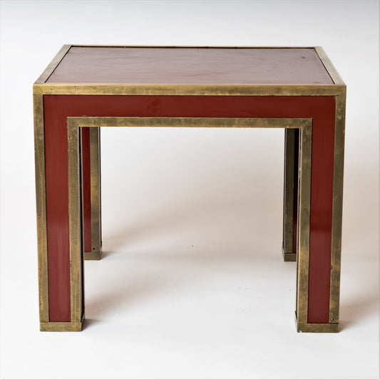 Red Lacquer Laminate & Patinated Brass Edges Side Table, France, 1970s