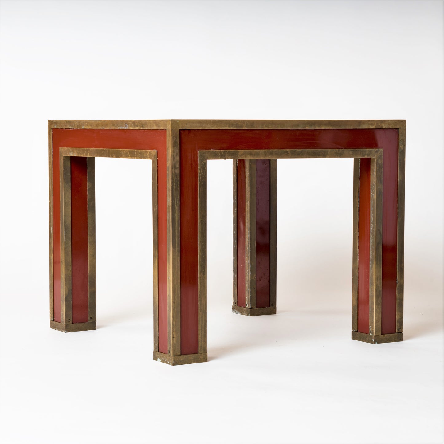 Red Lacquer Laminate & Patinated Brass Edges Side Table, France, 1970s