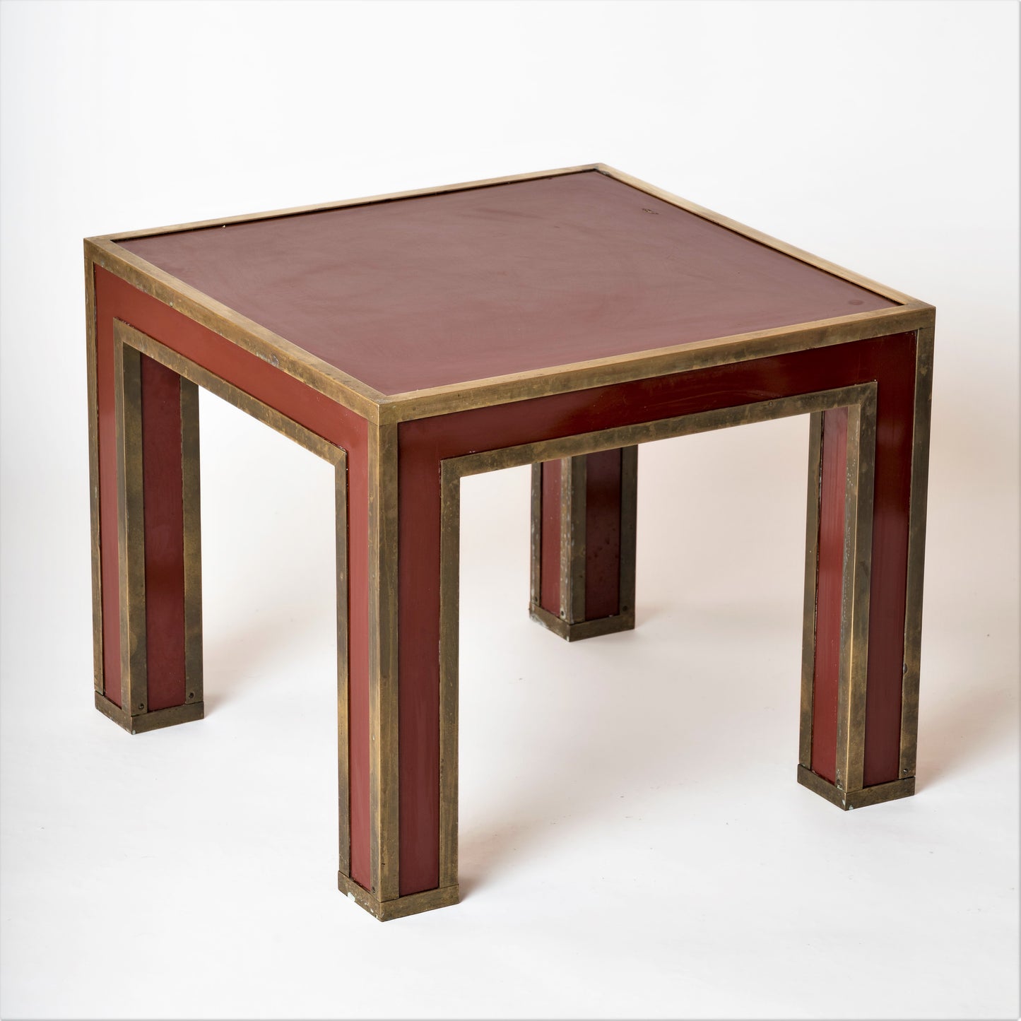 Red Lacquer Laminate & Patinated Brass Edges Side Table, France, 1970s