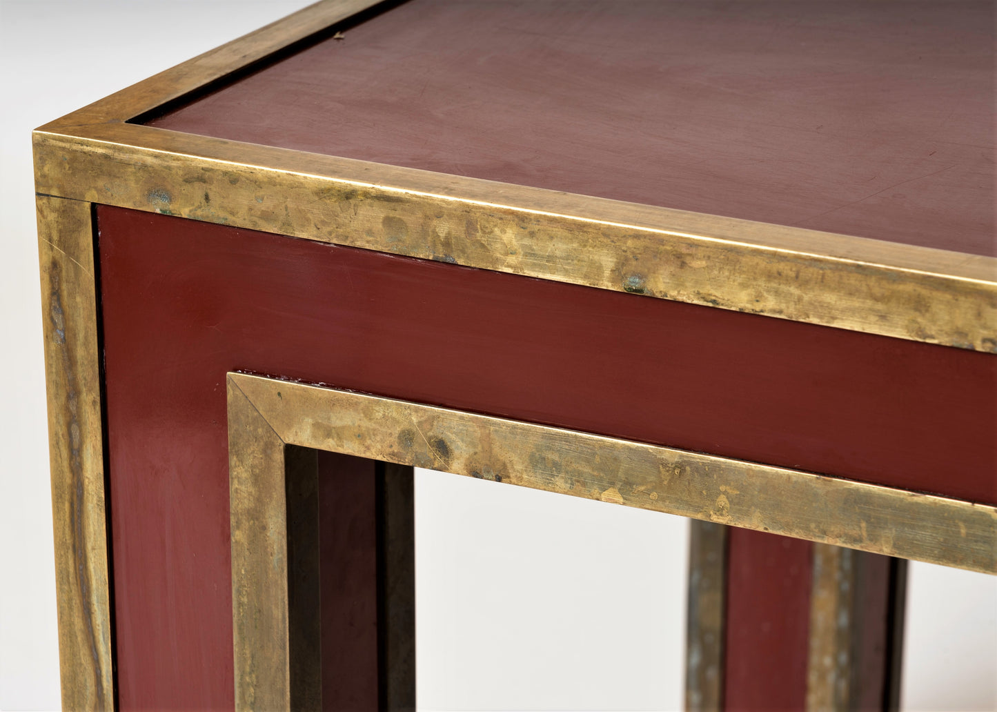 Red Lacquer Laminate & Patinated Brass Edges Side Table, France, 1970s