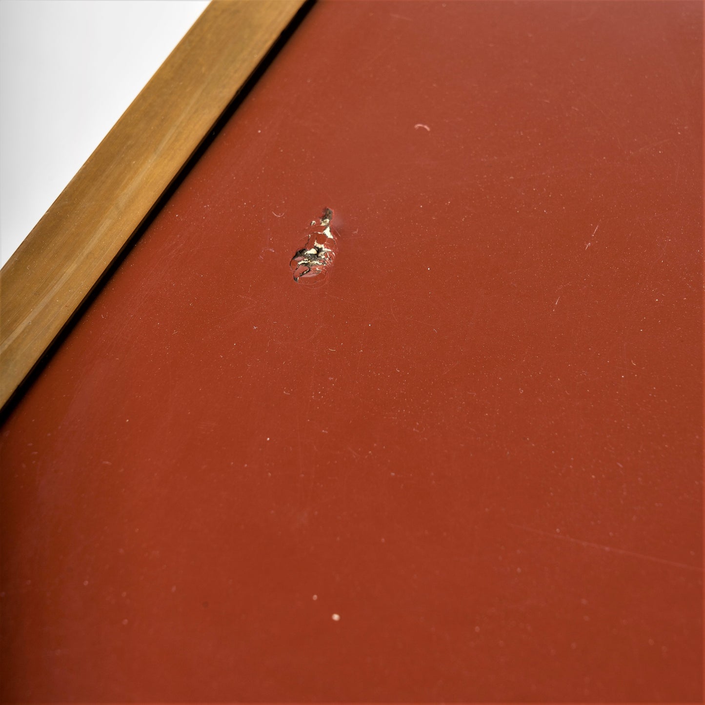 Red Lacquer Laminate & Patinated Brass Edges Side Table, France, 1970s