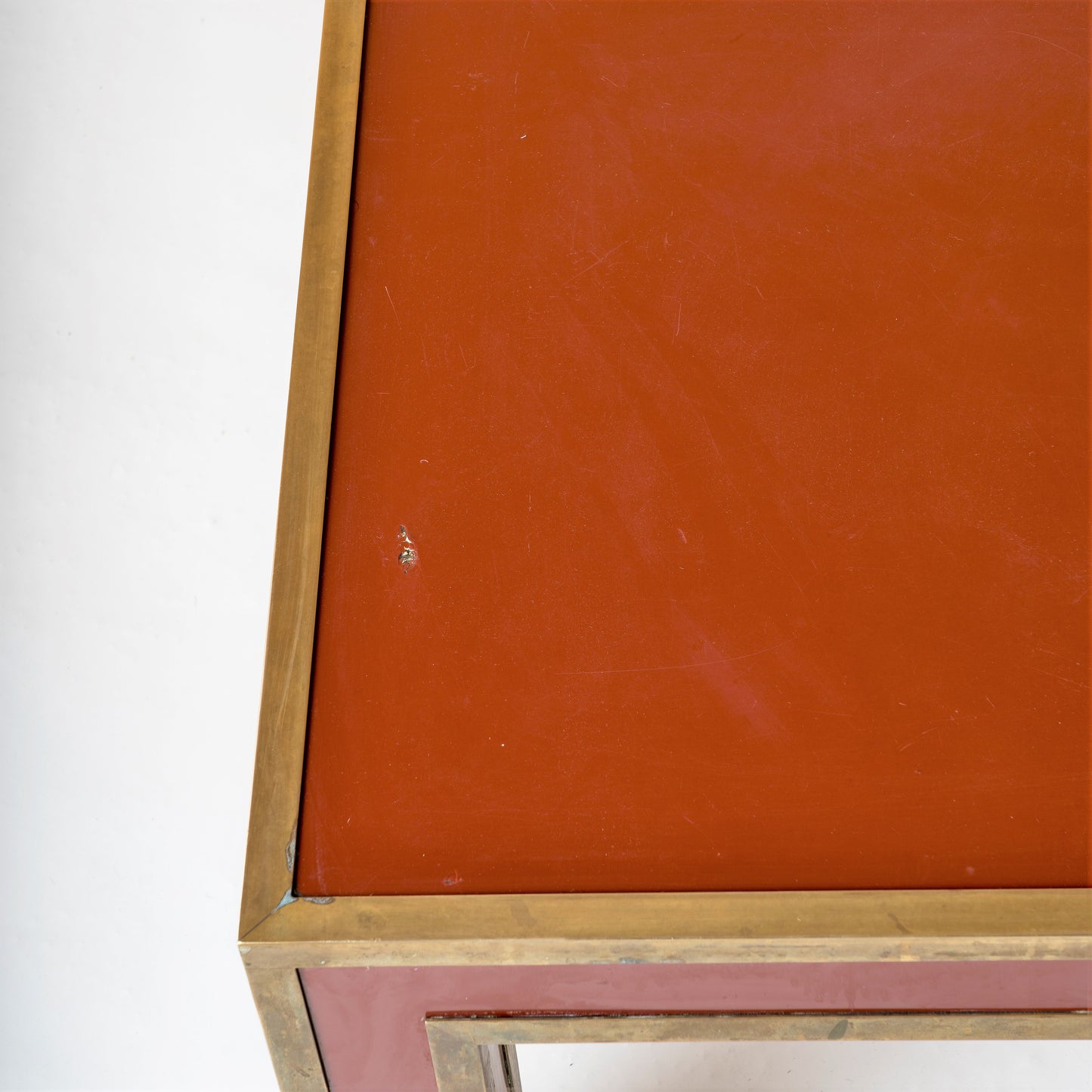 Red Lacquer Laminate & Patinated Brass Edges Side Table, France, 1970s