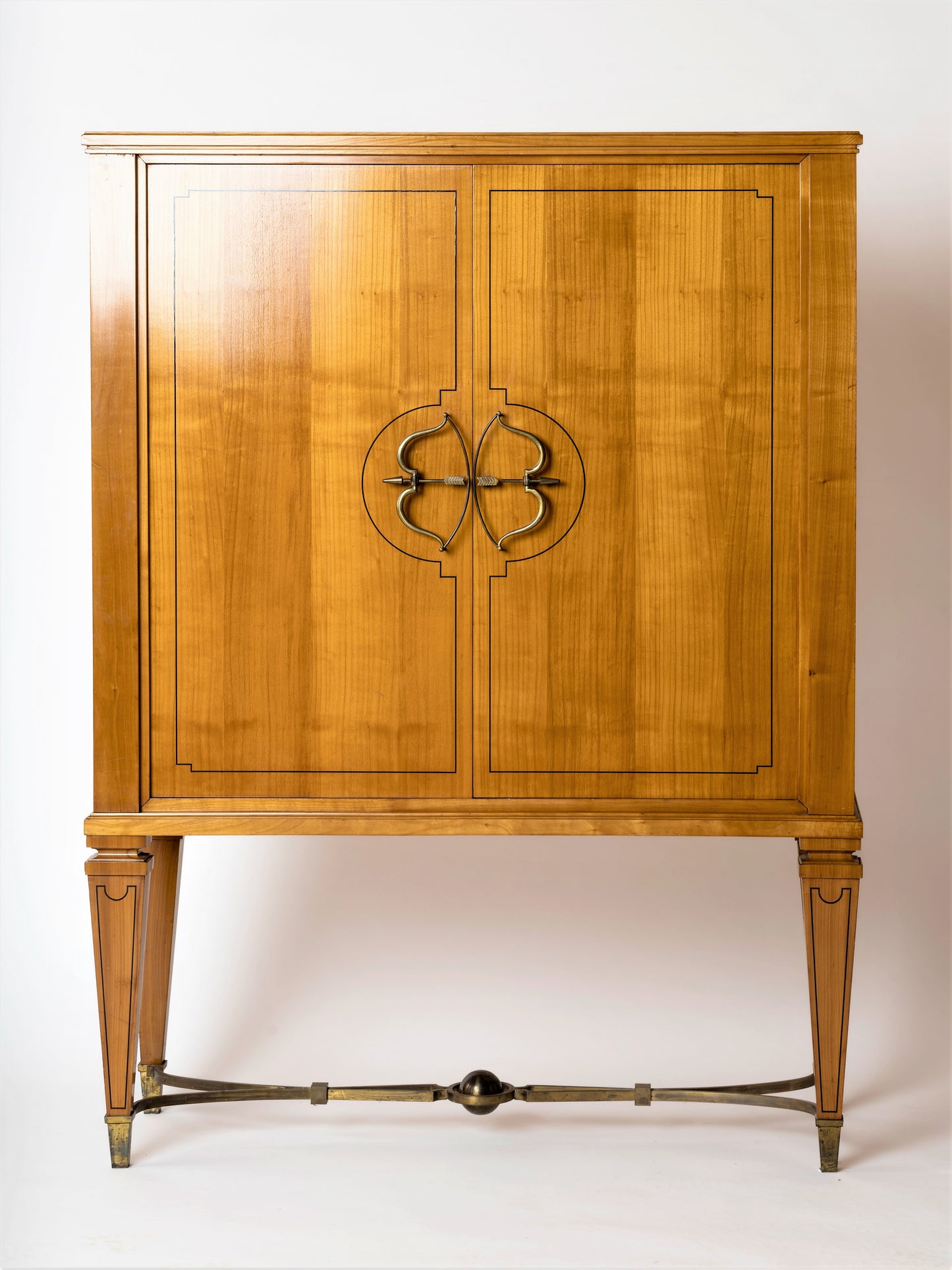 Fruitwood & Marqueterie High Cabinet W. Bronze Ferronerie by Jansen - France 1960s