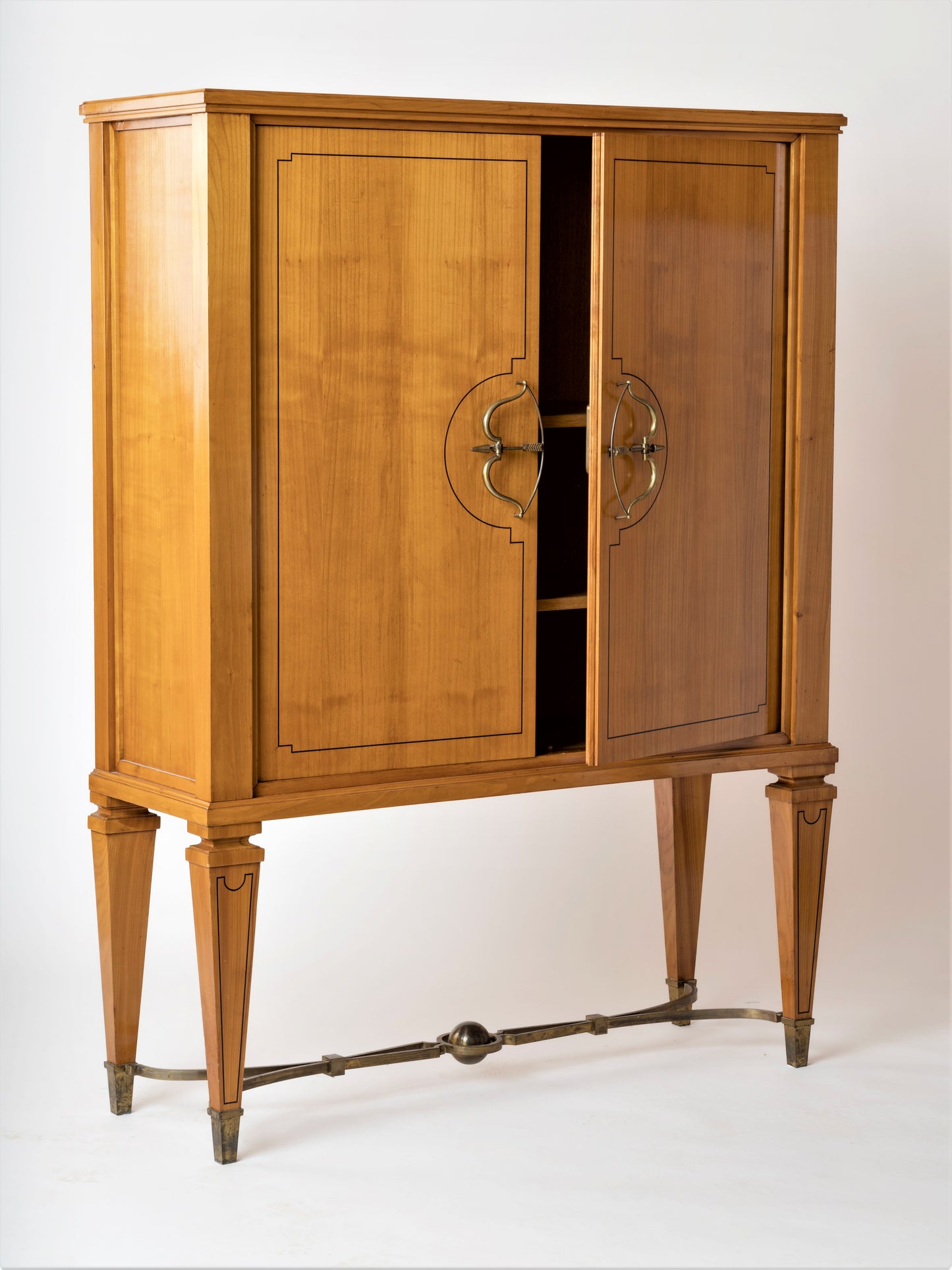 Fruitwood & Marqueterie High Cabinet W. Bronze Ferronerie by Jansen - France 1960s