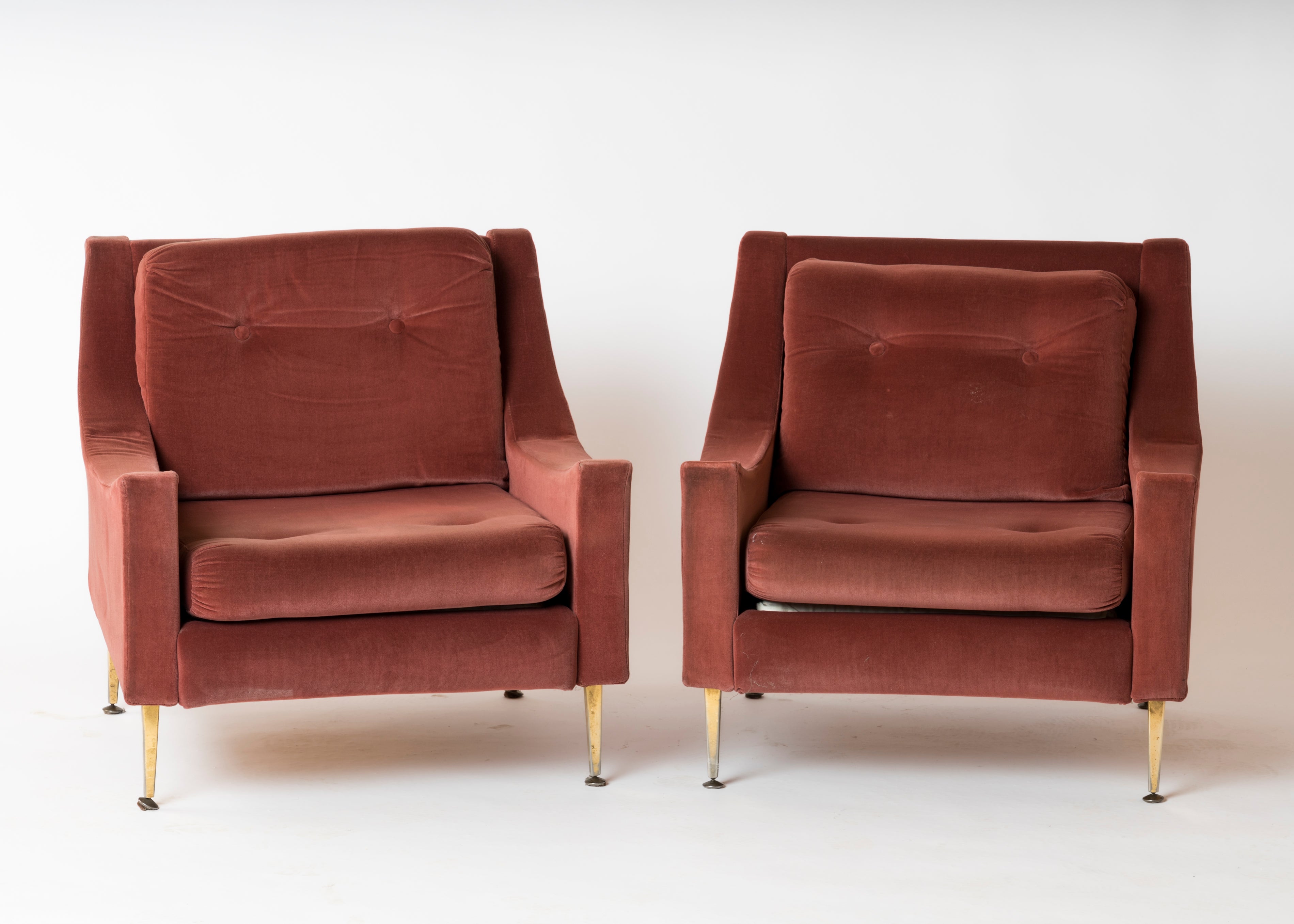 Pair of "Lie De Vin" Velvet & Brass Feet Armchairs by Souplina, France, 1970s