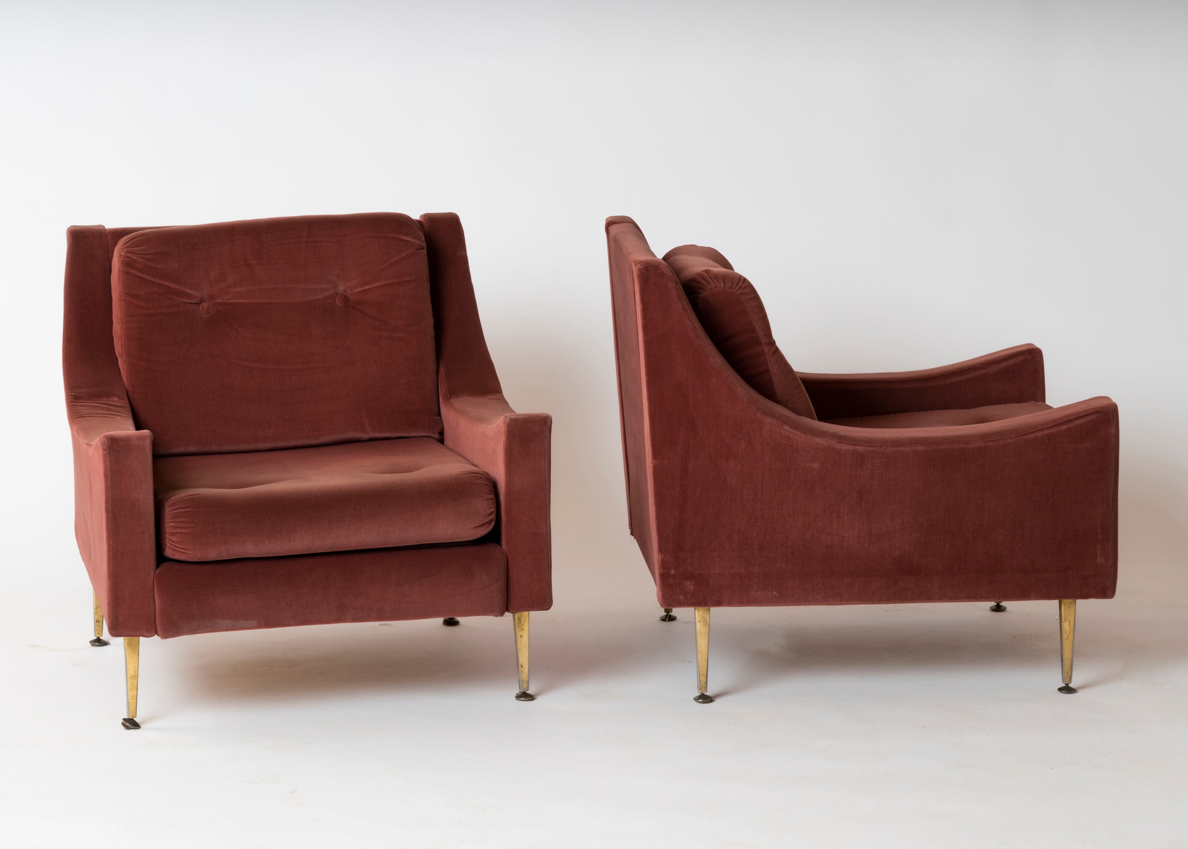 Pair of "Lie De Vin" Velvet & Brass Feet Armchairs by Souplina, France, 1970s