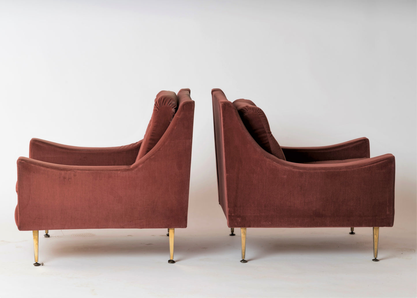 Pair of "Lie De Vin" Velvet & Brass Feet Armchairs by Souplina, France, 1970s