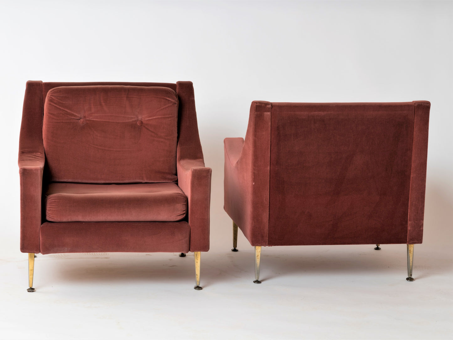 Pair of "Lie De Vin" Velvet & Brass Feet Armchairs by Souplina, France, 1970s