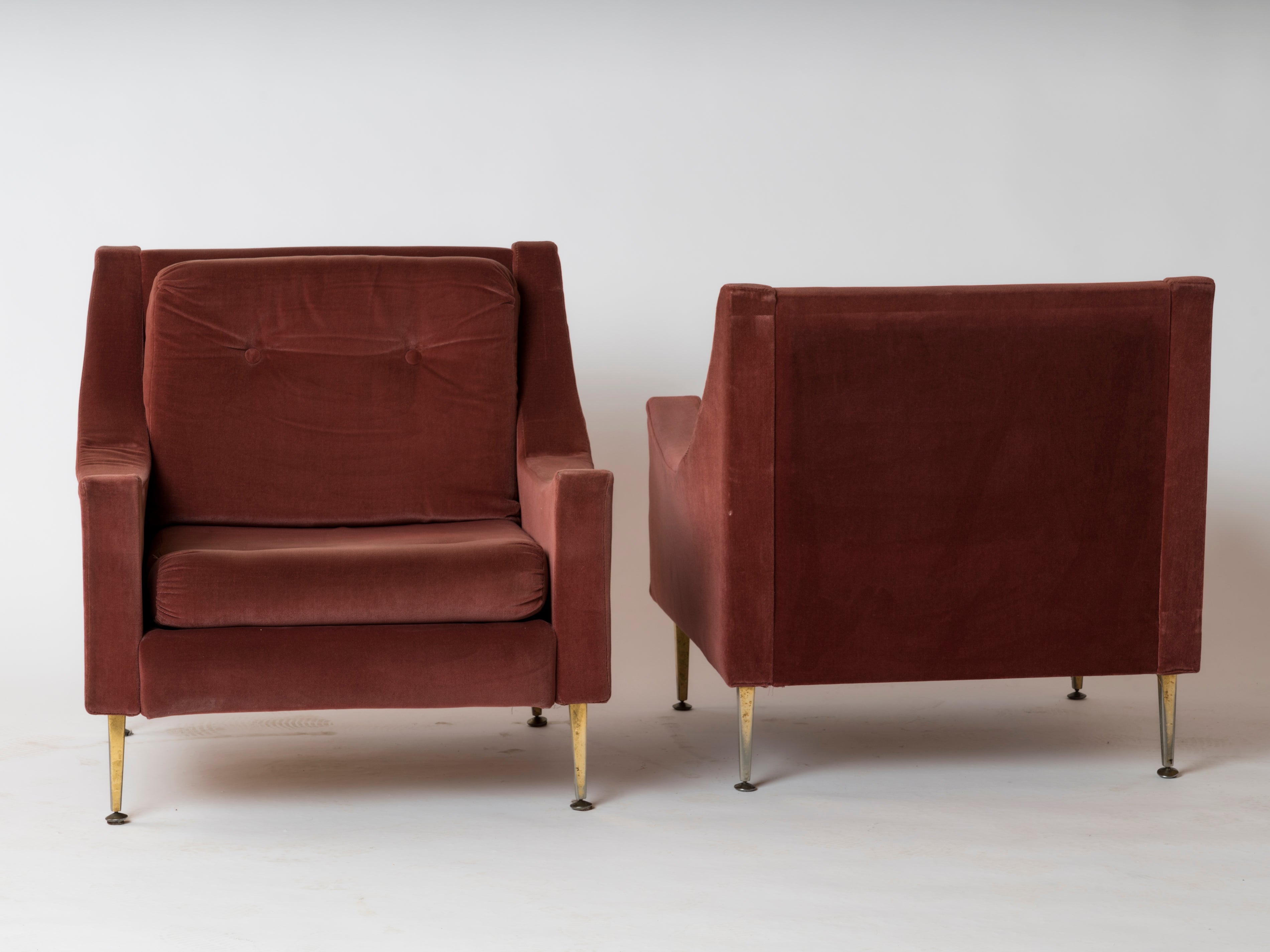 Pair of "Lie De Vin" Velvet & Brass Feet Armchairs by Souplina, France, 1970s