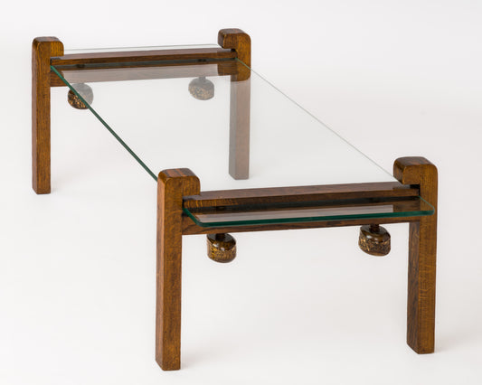 Hand-Carved Wooden Clamp and Glass Coffee Table - France 1970's