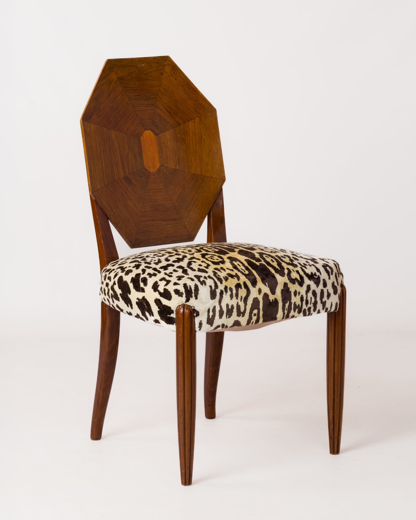 Octagonal-Backed Mahogany Chair with Dedar Faux Leopard Velvet - France 1930s