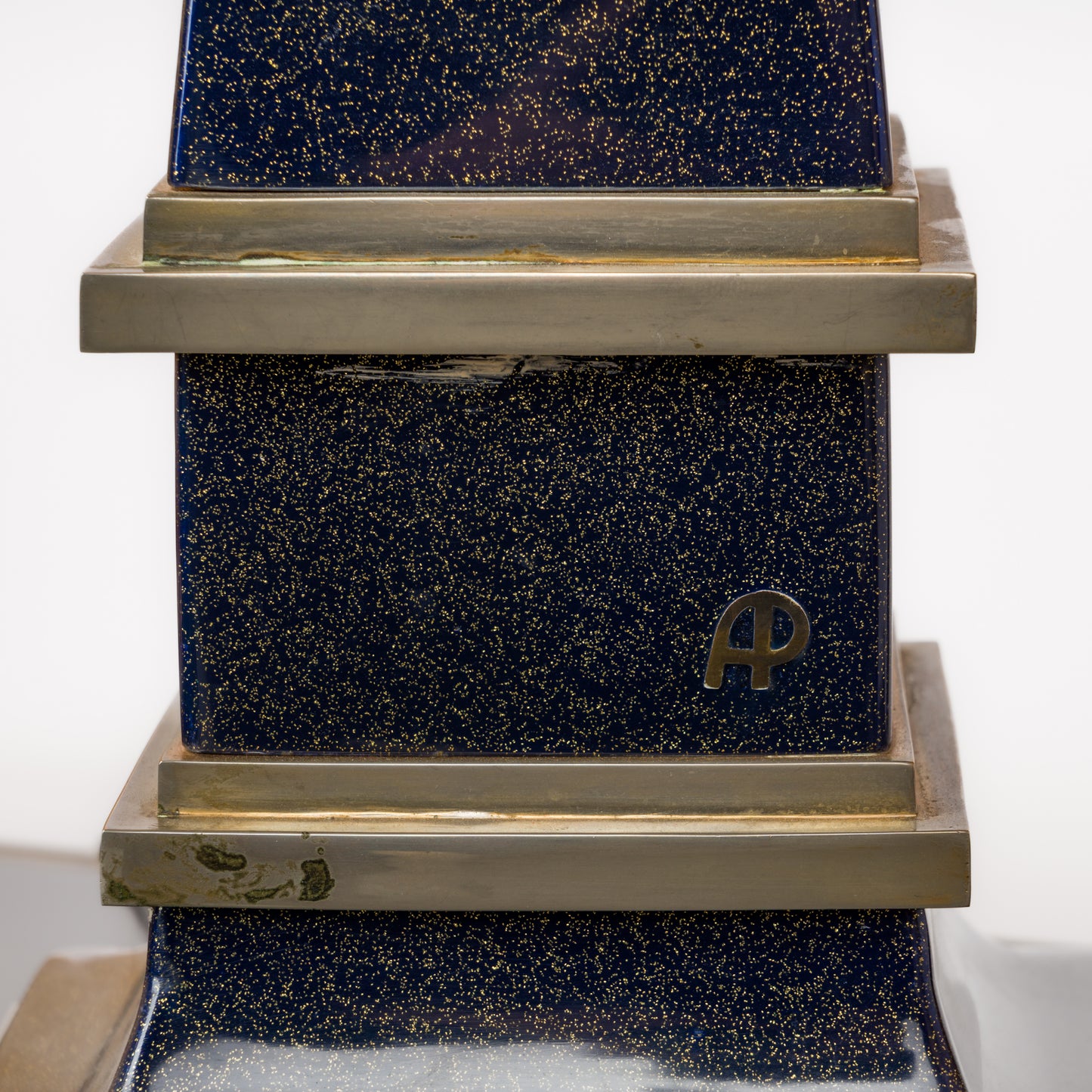 Important Signed Blue Resin Obelisk Shaped Lamp w. Nickel Accents - France 1980s