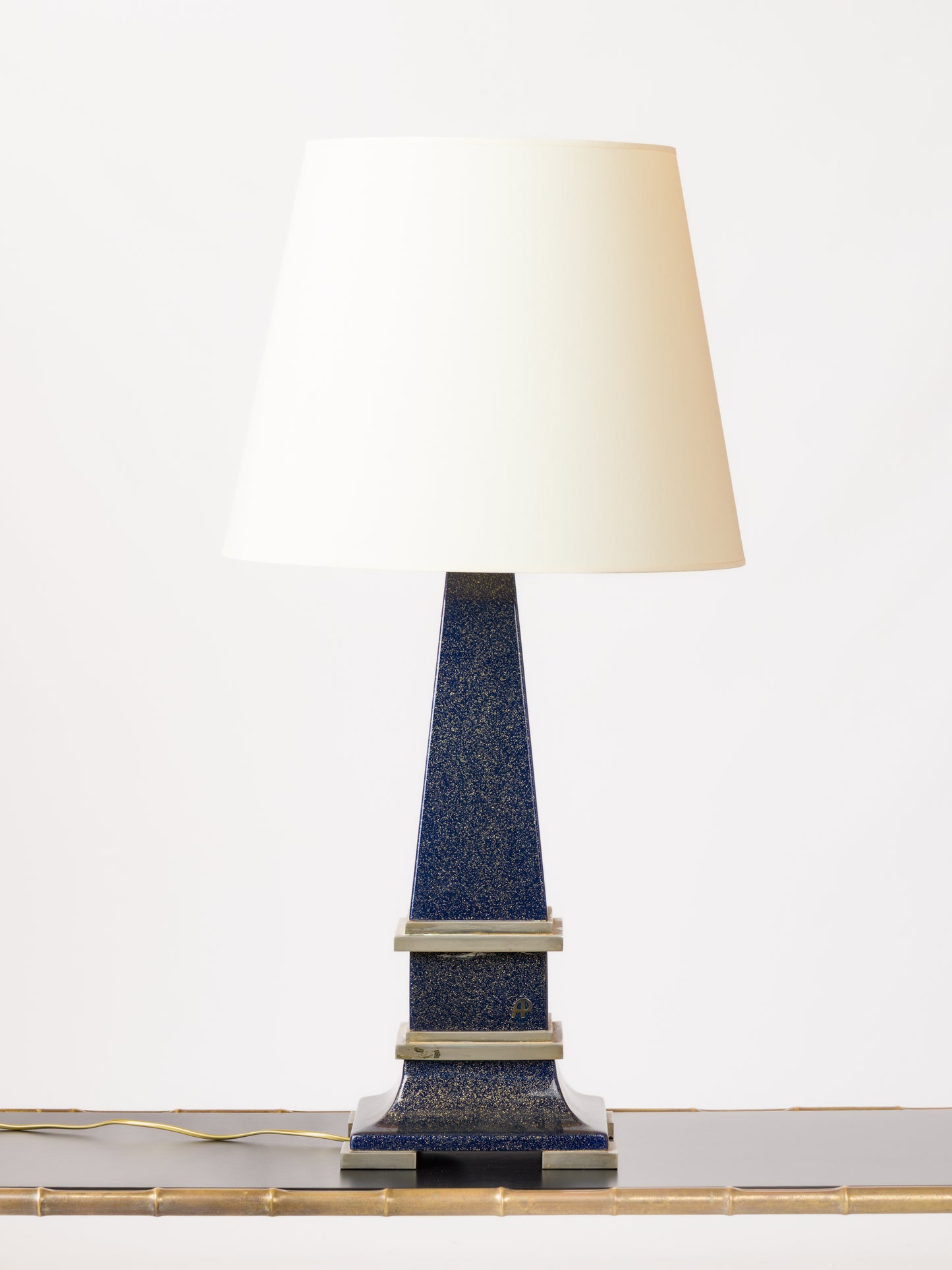 Important Signed Blue Resin Obelisk Shaped Lamp w. Nickel Accents - France 1980s