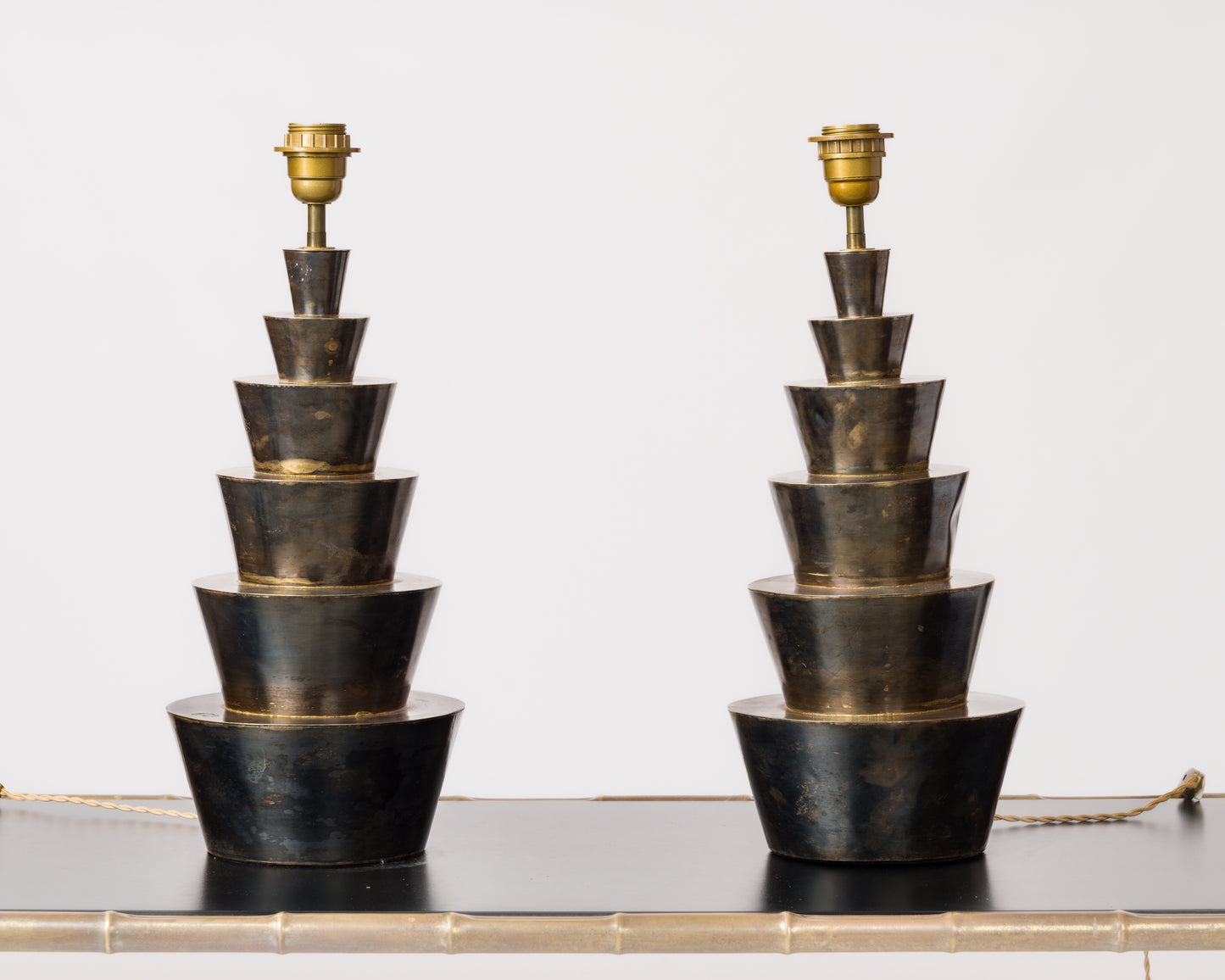 Pair of Decorative Stepped Gunmetal Steel Lamps - France 1980's