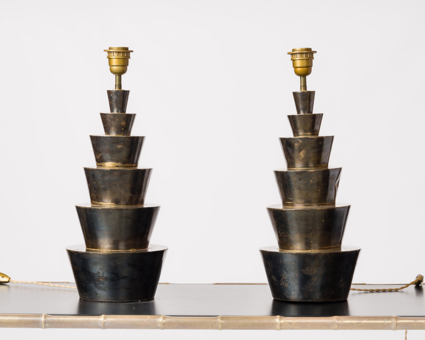Pair of Decorative Stepped Gunmetal Steel Lamps - France 1980's