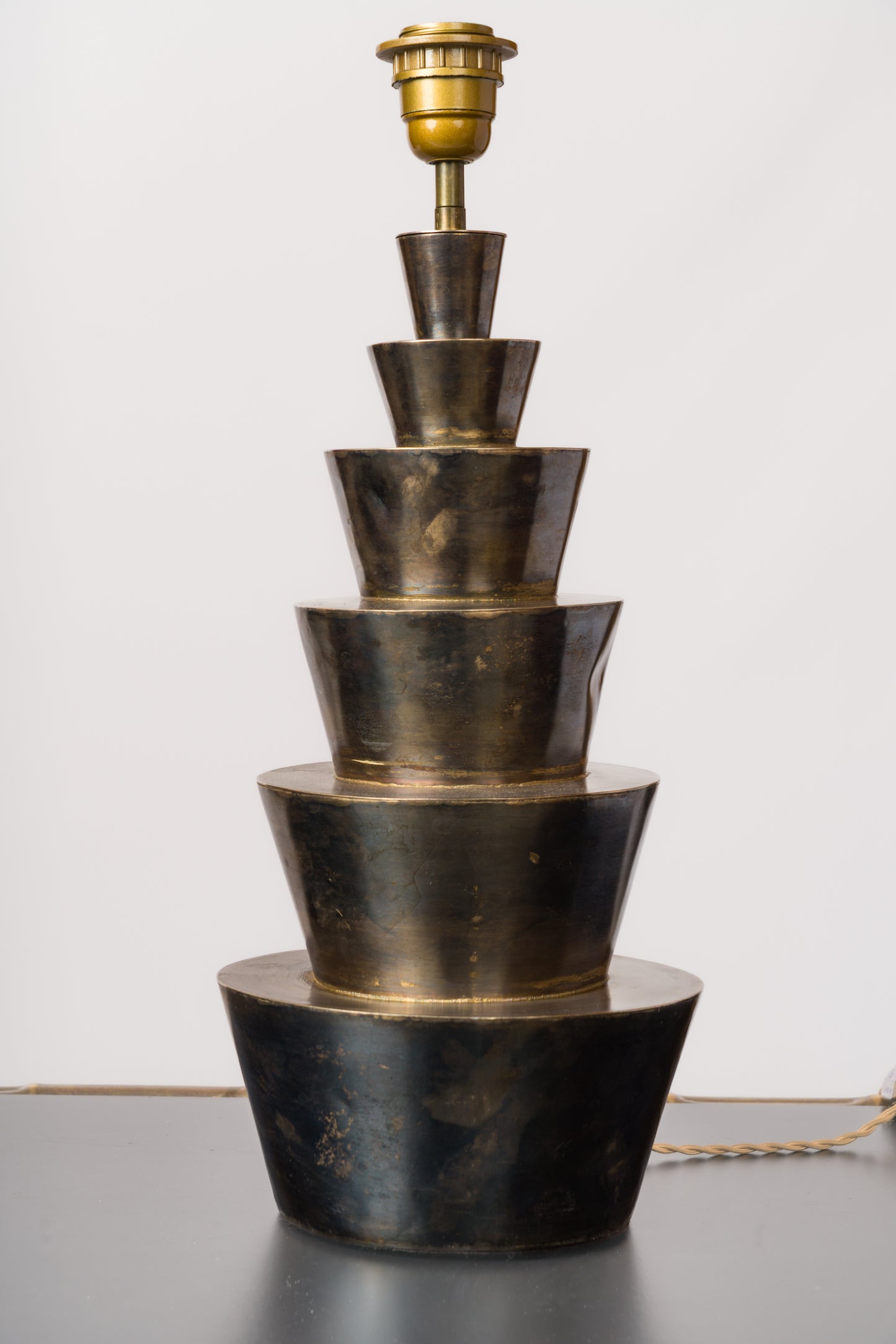 Pair of Decorative Stepped Gunmetal Steel Lamps - France 1980's