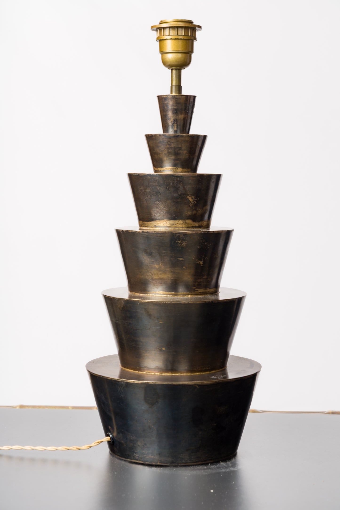 Pair of Decorative Stepped Gunmetal Steel Lamps - France 1980's