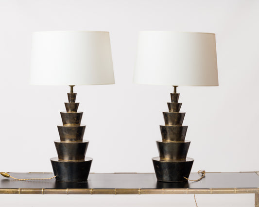 Pair of Decorative Stepped Gunmetal Steel Lamps - France 1980's