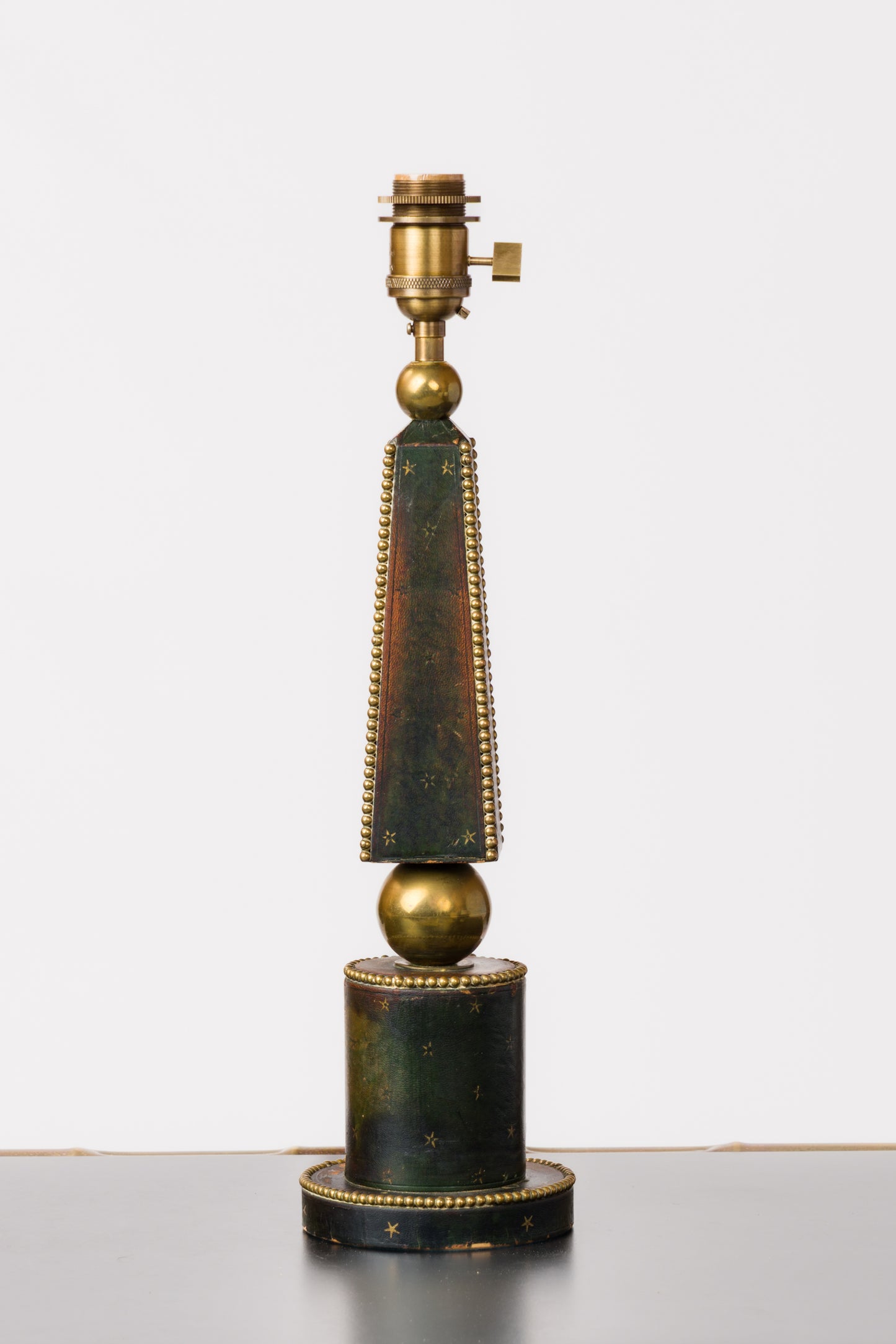 Deep Blue Studded Leather Table Lamp w. Patinated Brass Details - France 1970's
