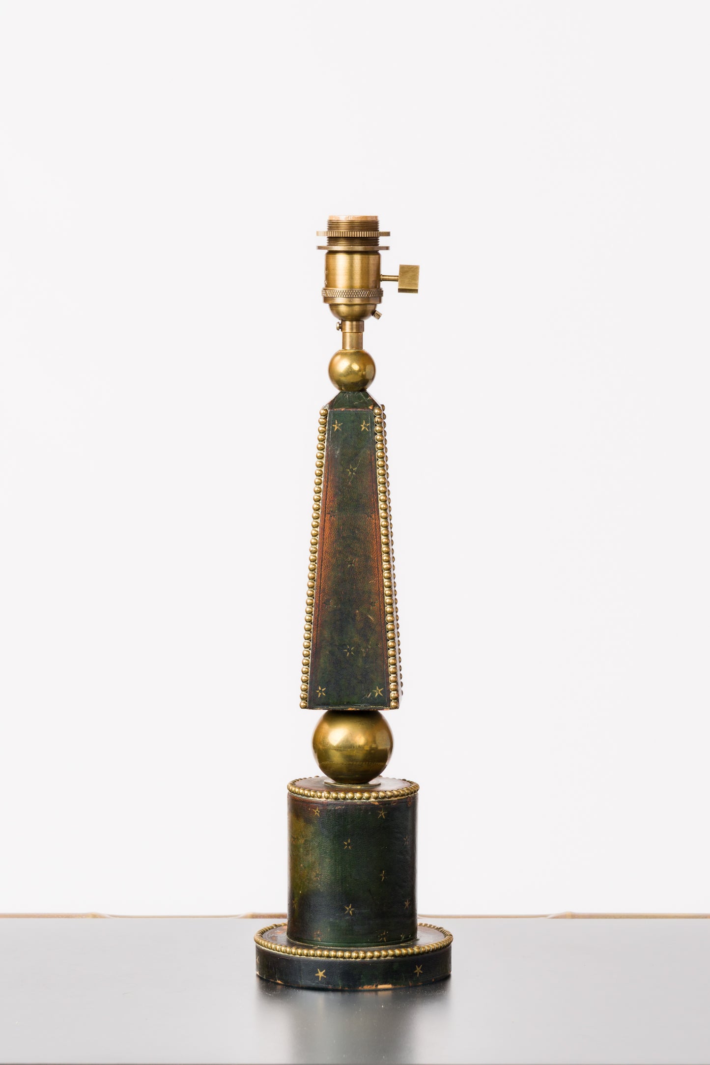 Deep Blue Studded Leather Table Lamp w. Patinated Brass Details - France 1970's