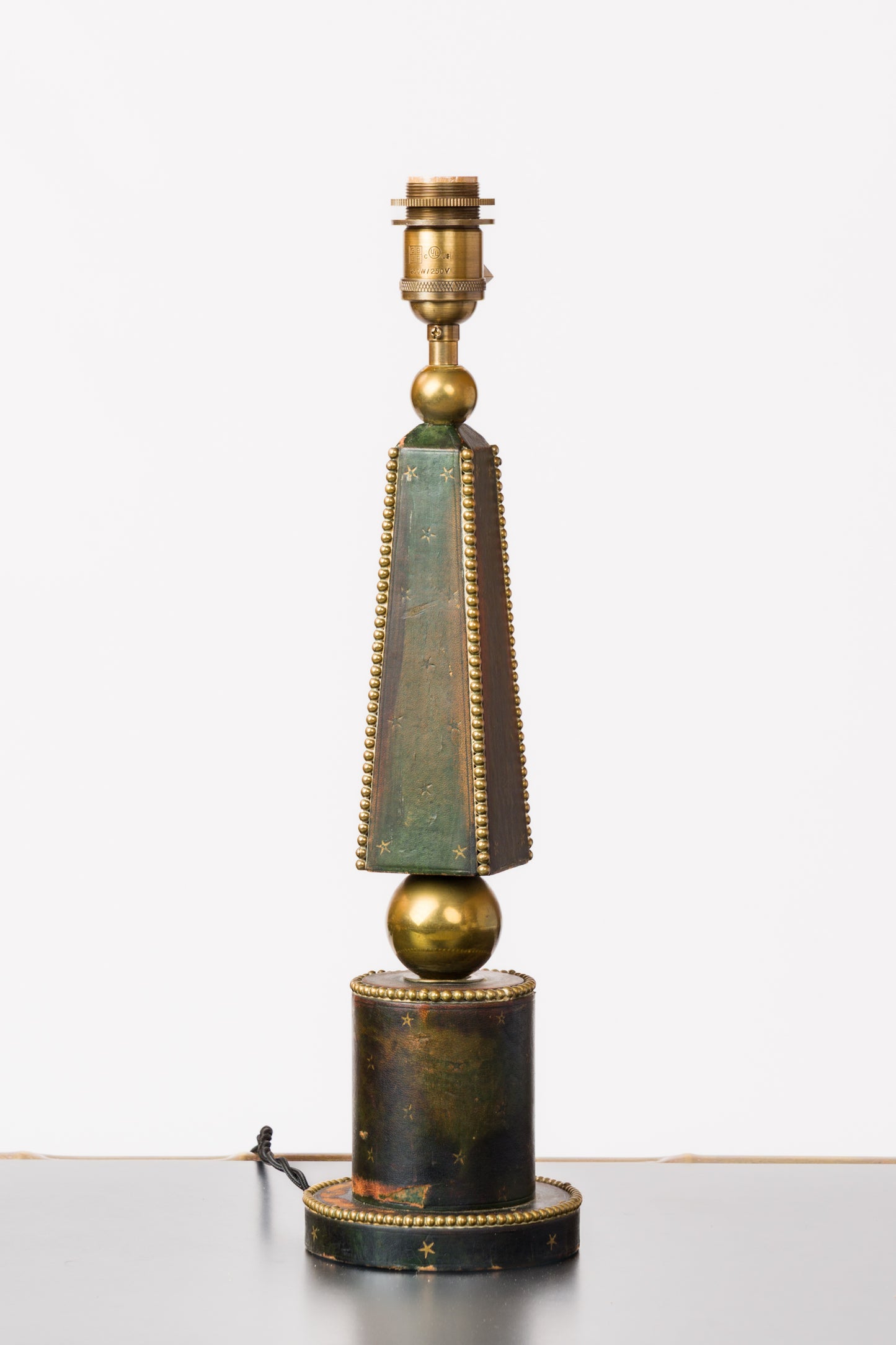 Deep Blue Studded Leather Table Lamp w. Patinated Brass Details - France 1970's