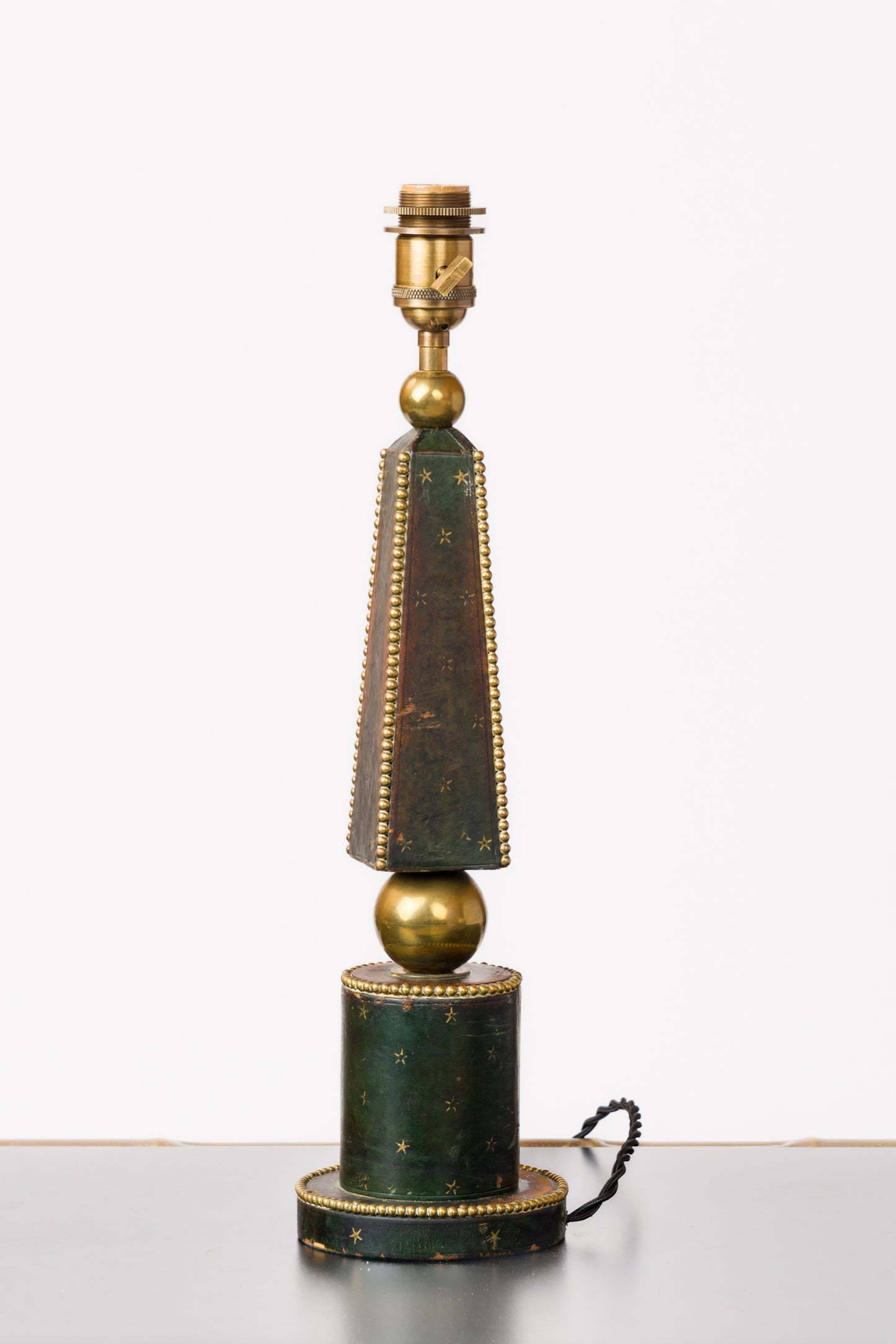 Deep Blue Studded Leather Table Lamp w. Patinated Brass Details - France 1970's