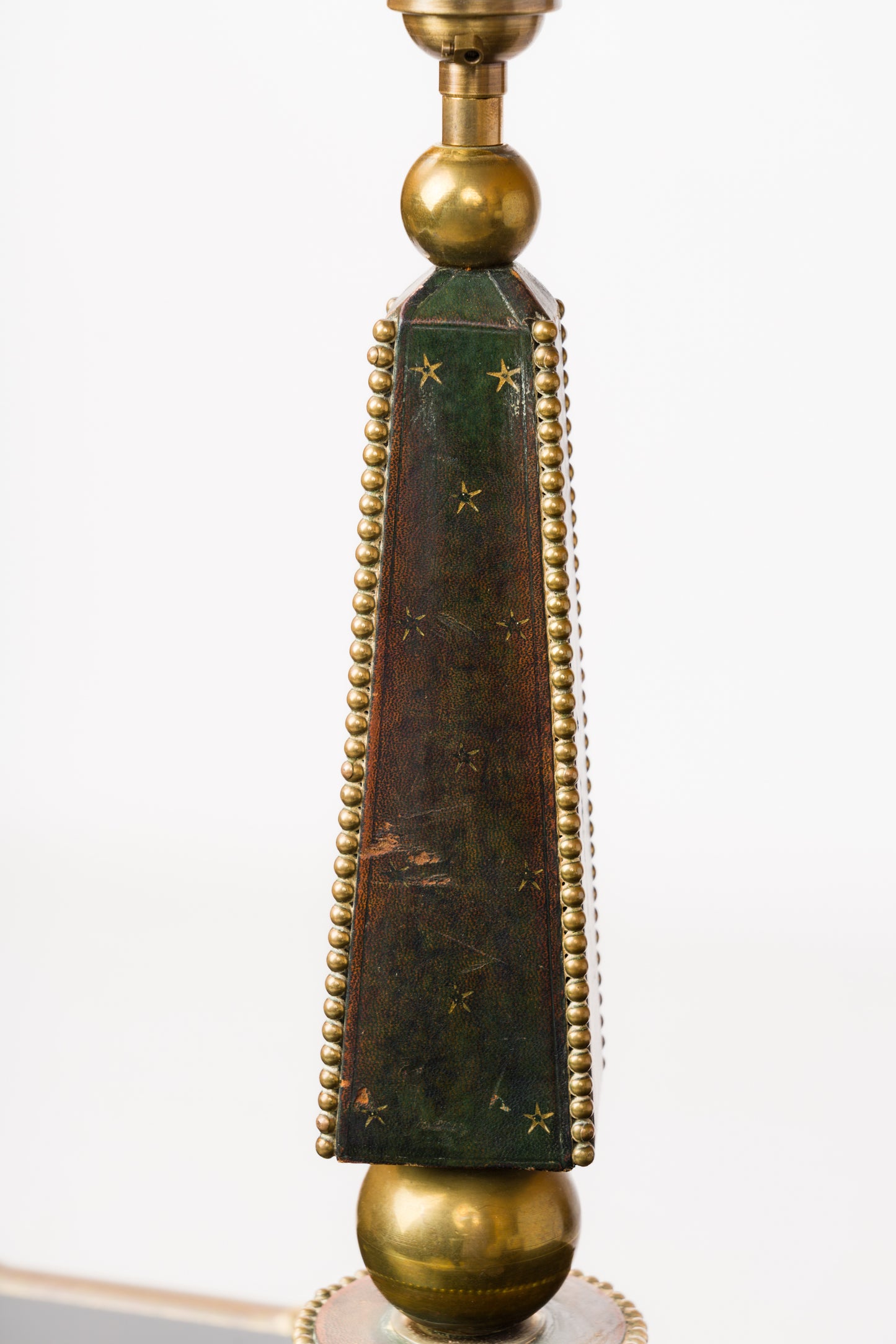 Deep Blue Studded Leather Table Lamp w. Patinated Brass Details - France 1970's