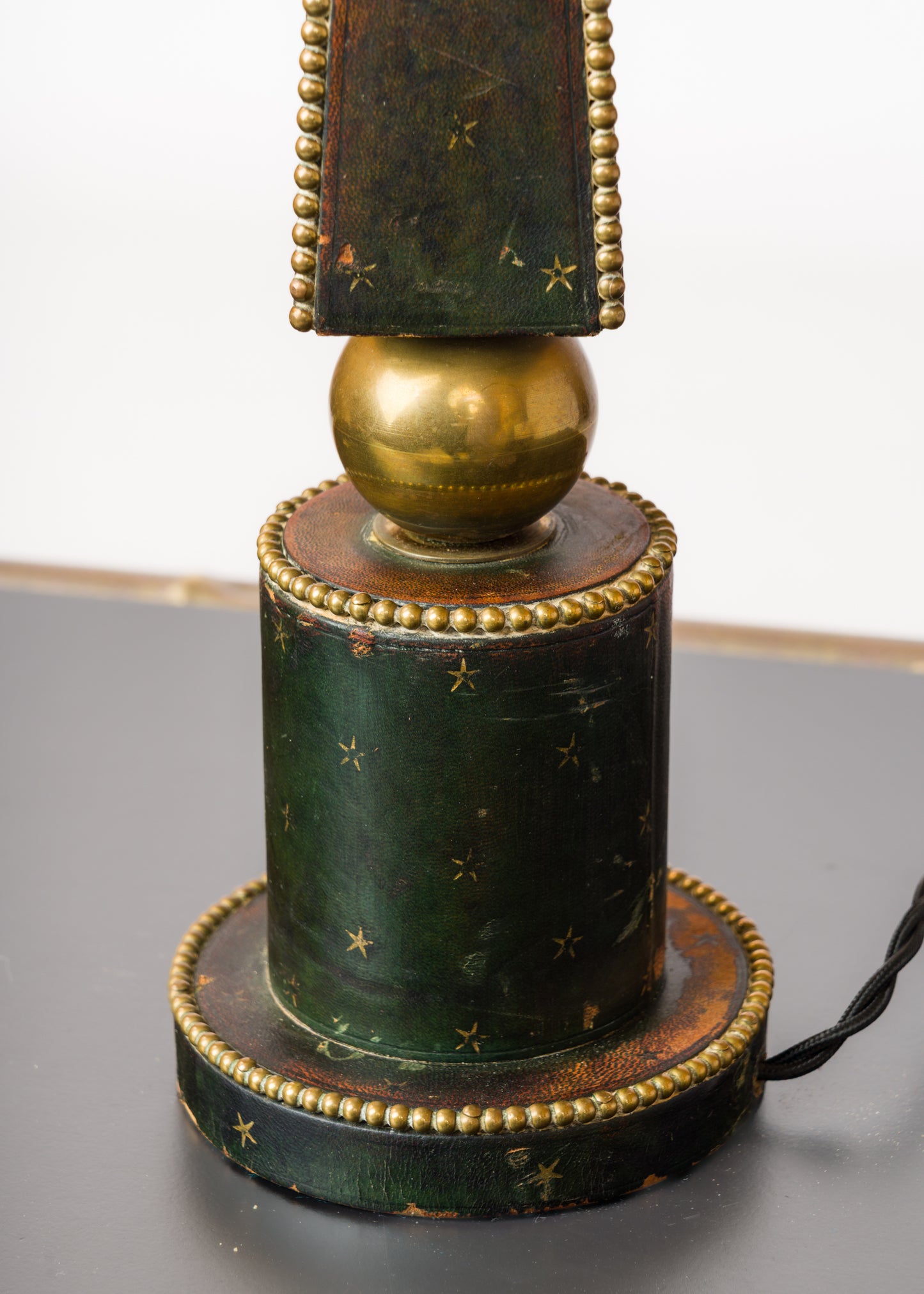 Deep Blue Studded Leather Table Lamp w. Patinated Brass Details - France 1970's