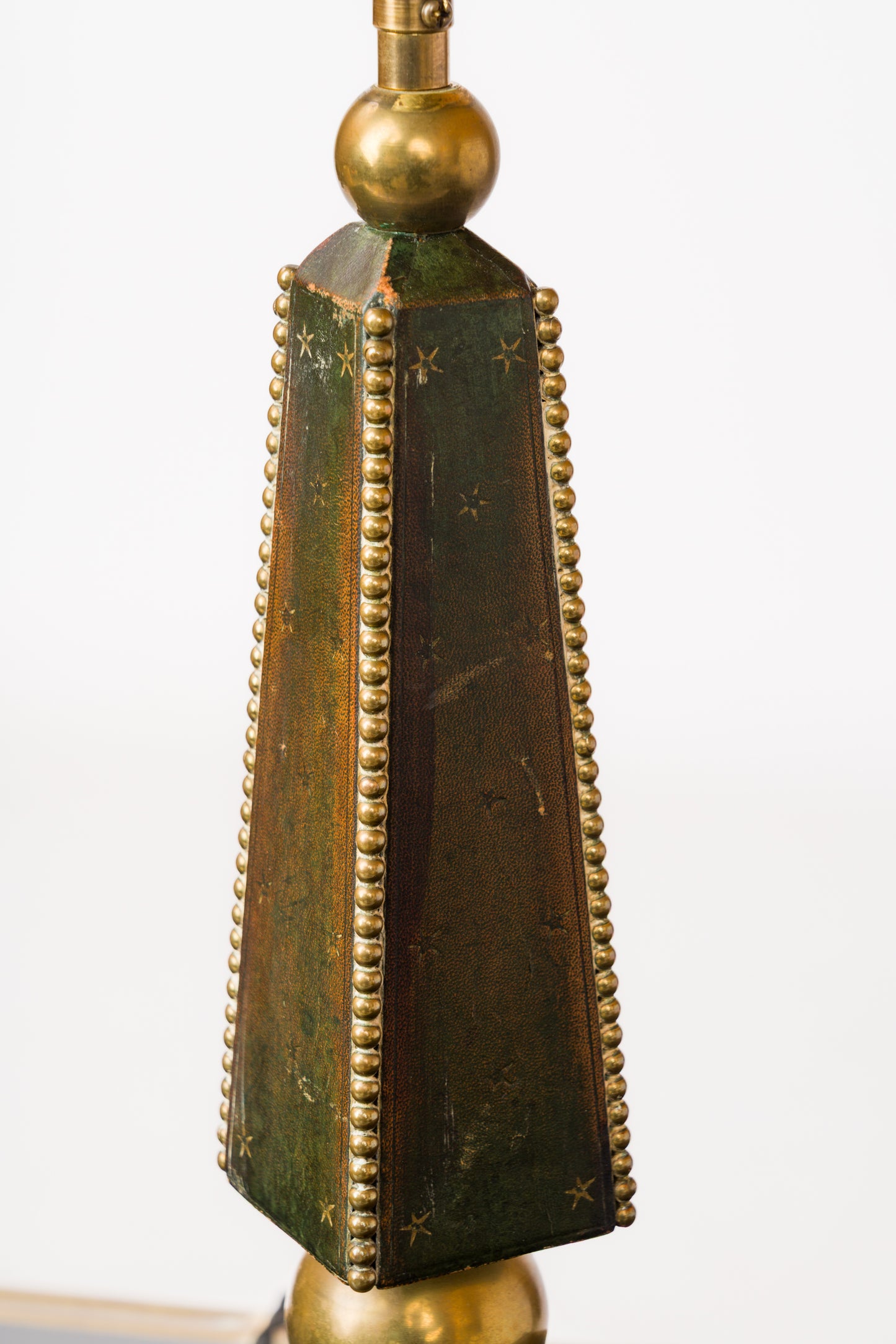 Deep Blue Studded Leather Table Lamp w. Patinated Brass Details - France 1970's