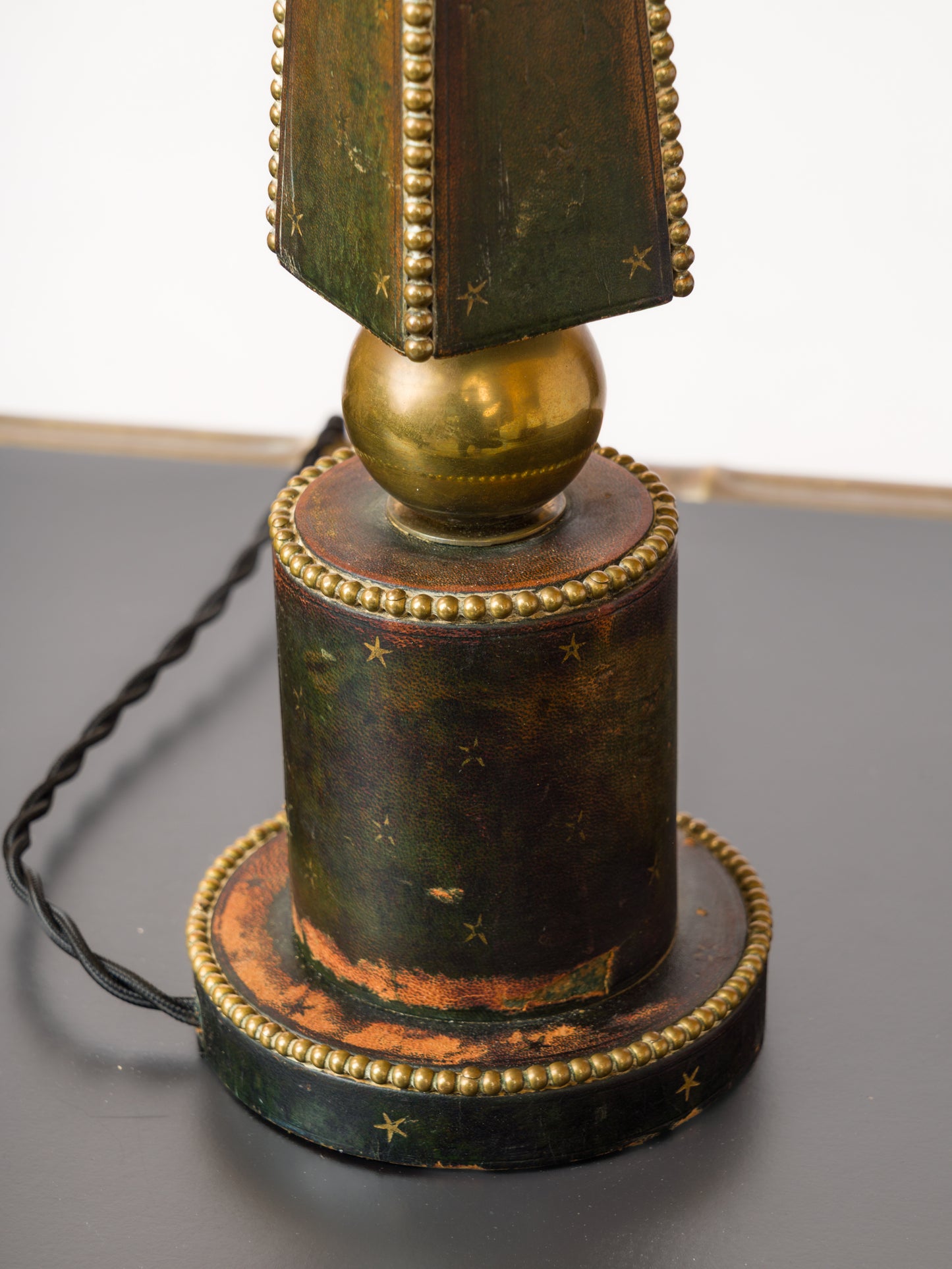Deep Blue Studded Leather Table Lamp w. Patinated Brass Details - France 1970's
