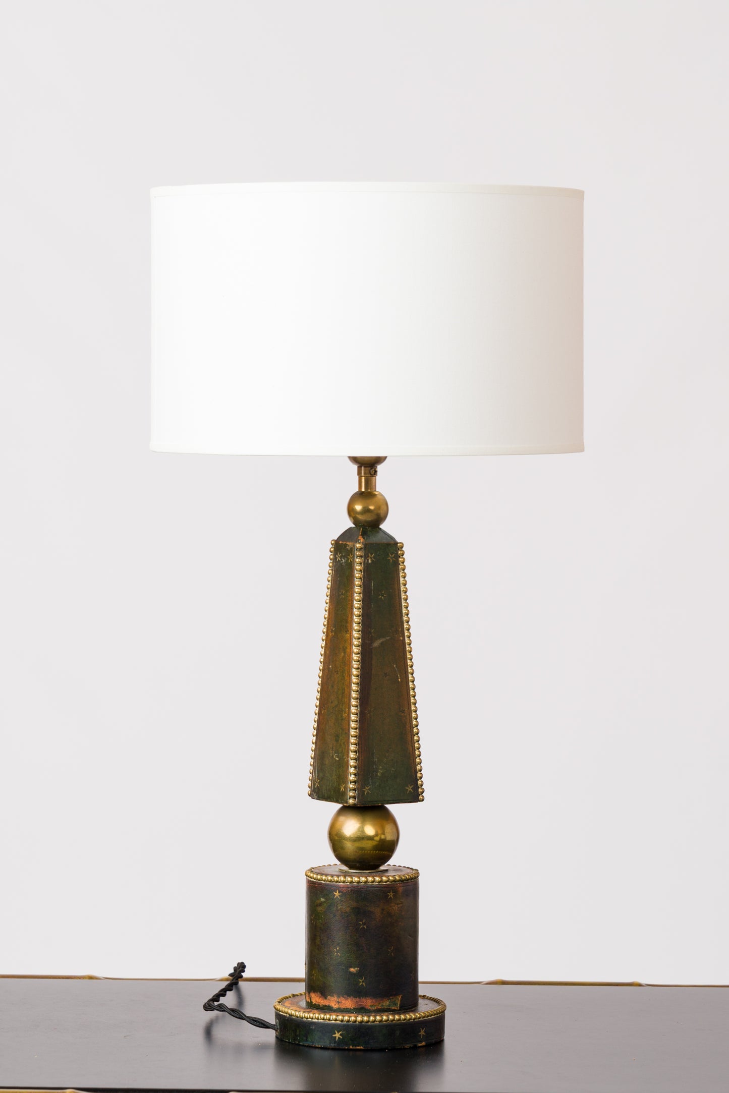 Deep Blue Studded Leather Table Lamp w. Patinated Brass Details - France 1970's