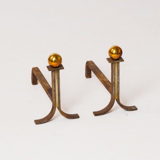 Modernist Iron & Brass Andirons with Patinated Brass Ball Heads - France 1970's