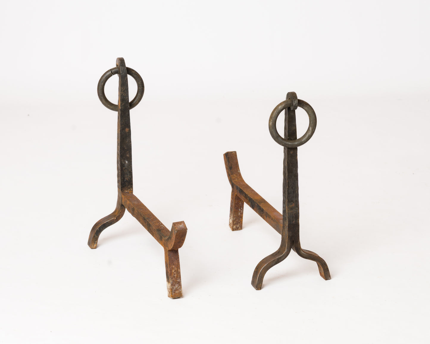 Pair of Big Size Wrought Iron Brutalist Andirons w. Hoops - France 1960s