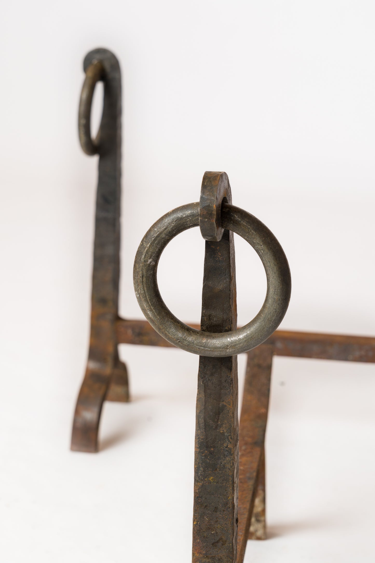 Pair of Big Size Wrought Iron Brutalist Andirons w. Hoops - France 1960s