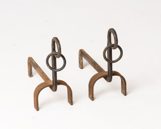 Pair of Chic Wrought Iron Andirons with Rings - France 1970s