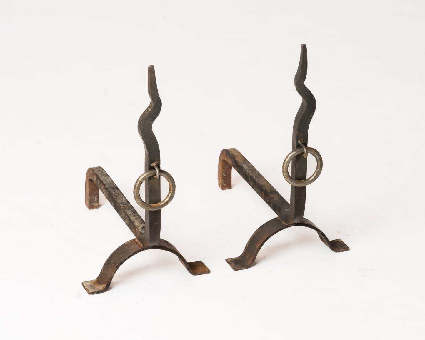 Pair of Brutalist "Zig-Zag" Wrought Iron Andirons - France 1970s