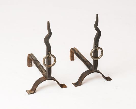 Pair of Brutalist "Zig-Zag" Wrought Iron Andirons - France 1970s