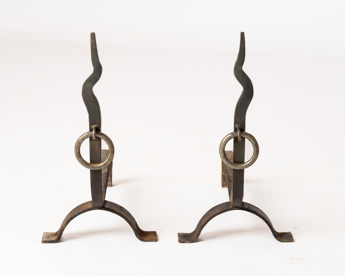 Pair of Brutalist "Zig-Zag" Wrought Iron Andirons - France 1970s
