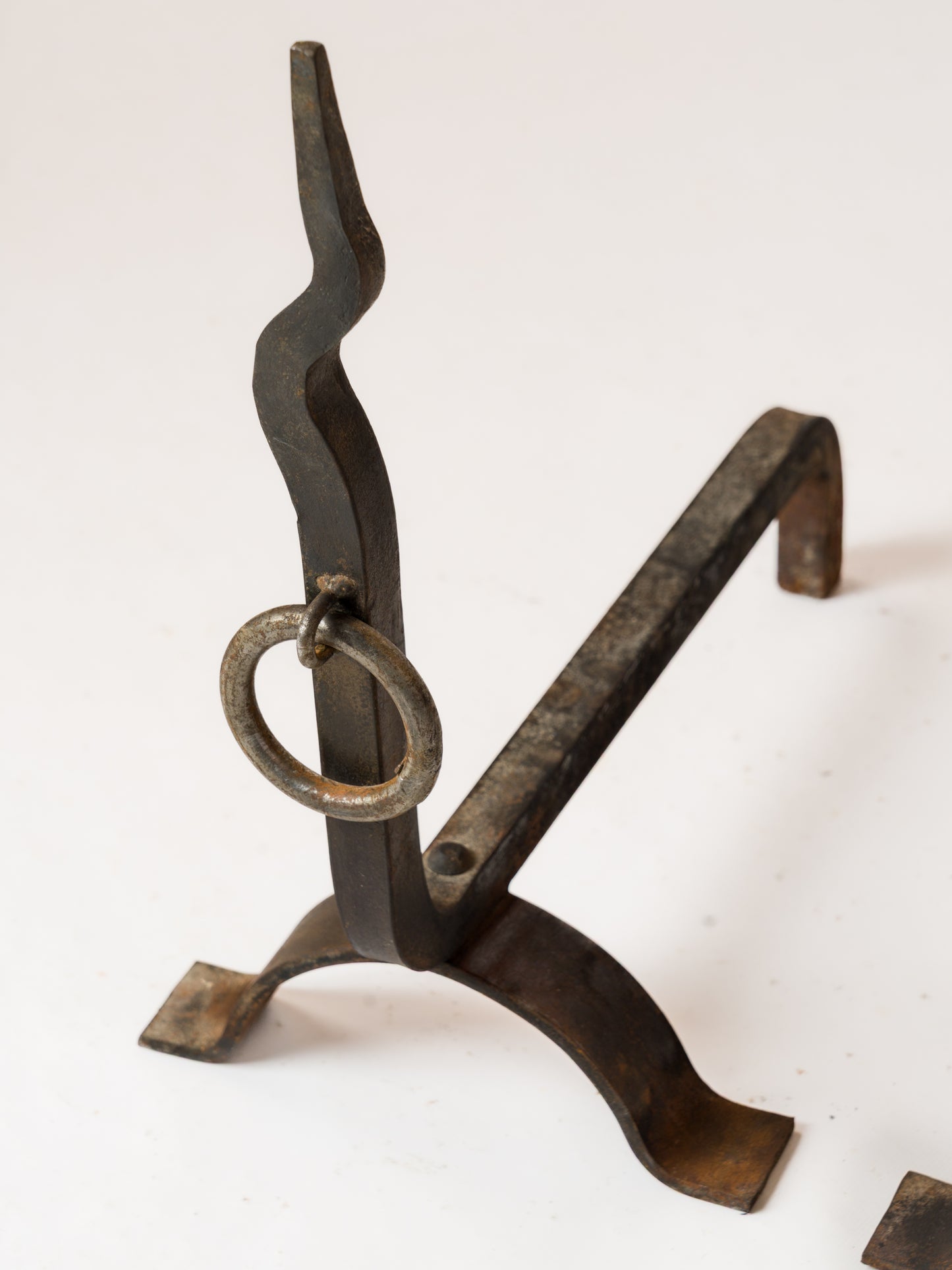 Pair of Brutalist "Zig-Zag" Wrought Iron Andirons - France 1970s