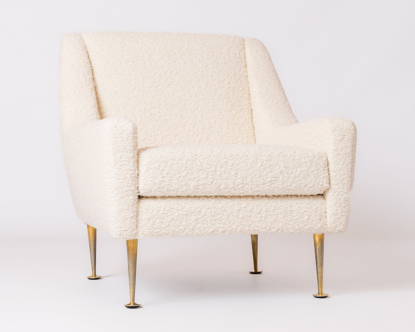 Brass Feet and Off White Bouclé Sleek Armchair by Airborne - France 1970's