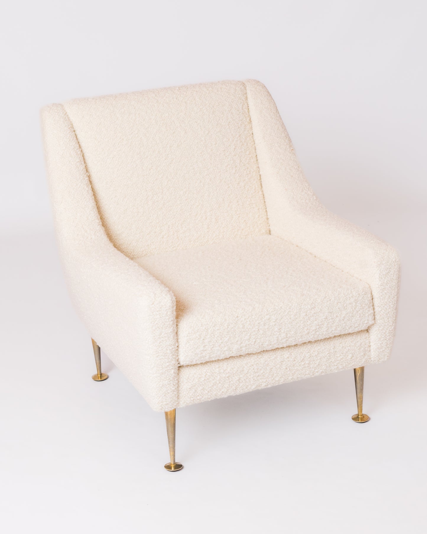 Brass Feet and Off White Bouclé Sleek Armchair by Airborne - France 1970's