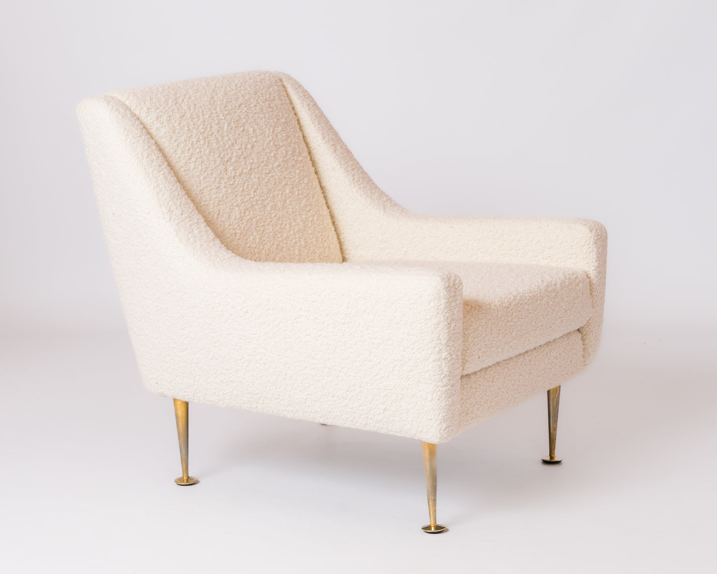 Brass Feet and Off White Bouclé Sleek Armchair by Airborne - France 1970's