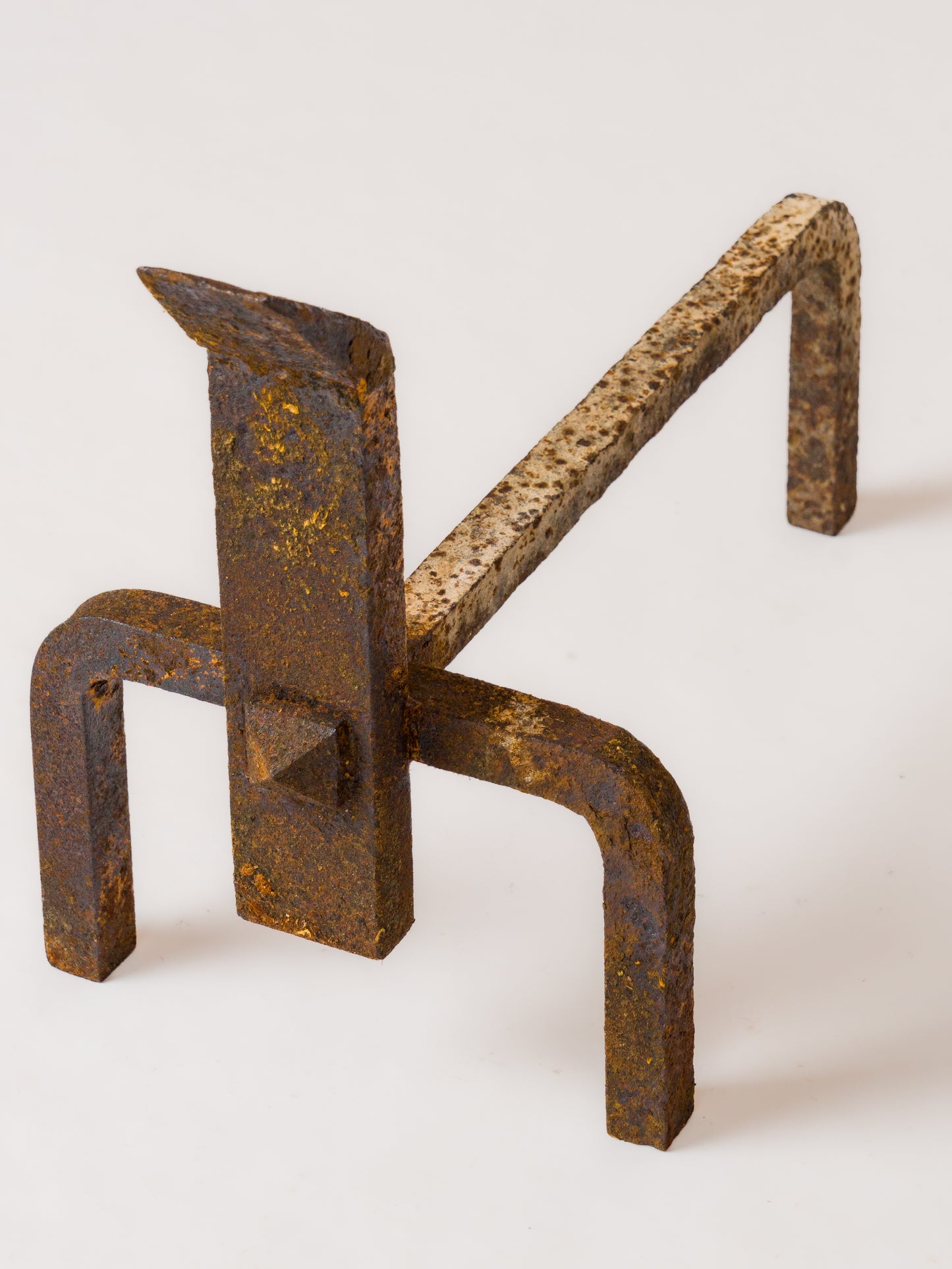 Pair of Constructivist Distressed Wrought Iron Andirons - France 1970's