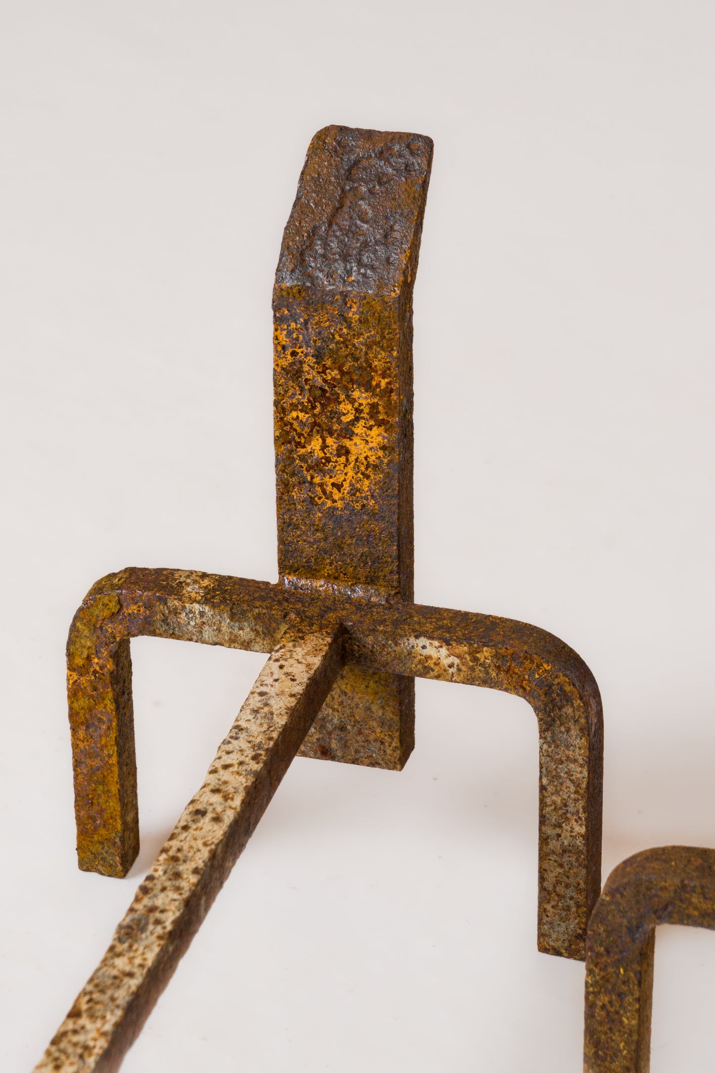 Pair of Constructivist Distressed Wrought Iron Andirons - France 1970's